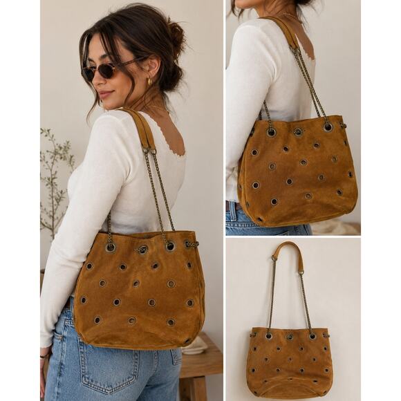 Karl Marc John Handbags - Vintage Karl Marc John Camel Suede Grommet Chain Shoulder French Boho Purse